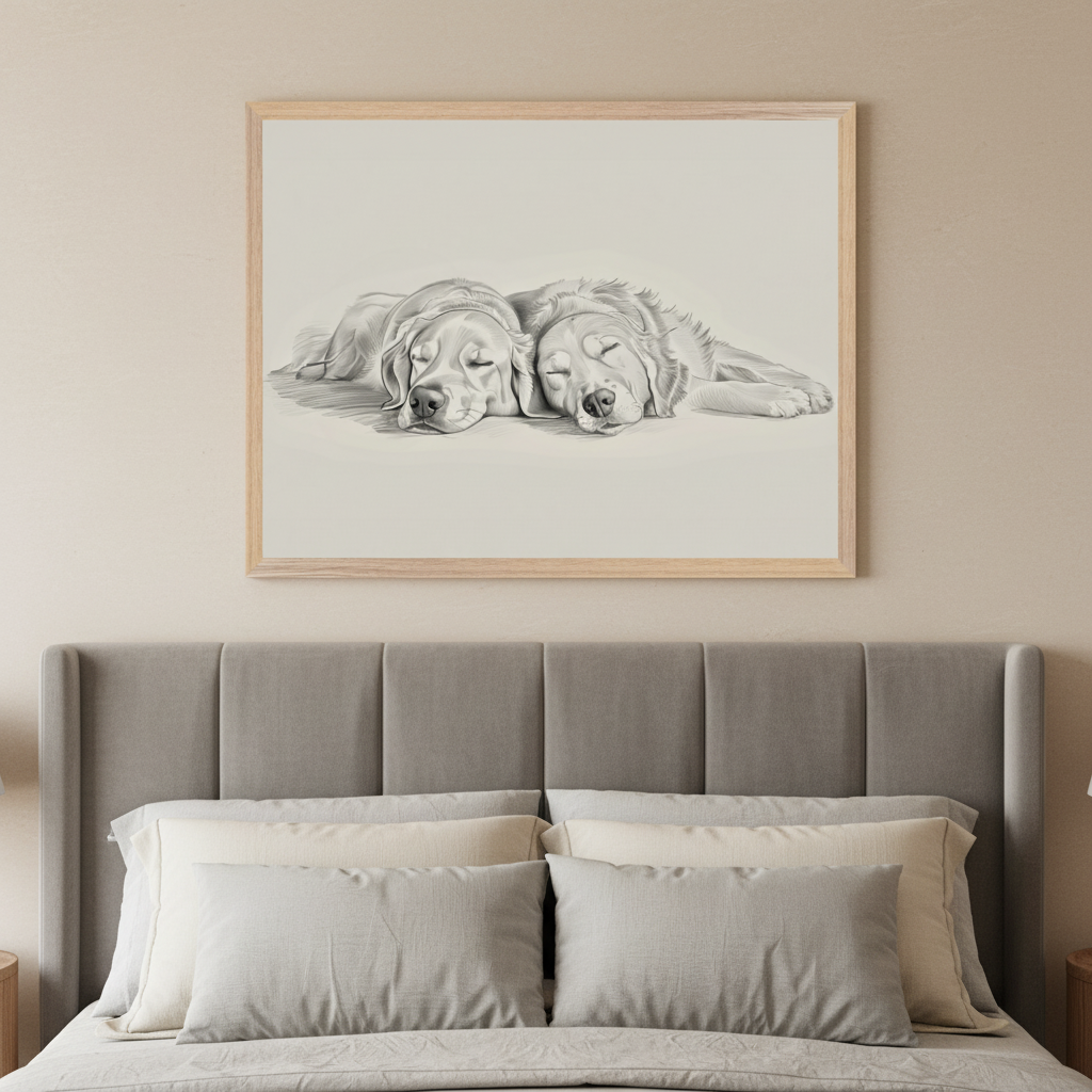 Modern bedroom with a gray upholstered bed and multiple pillows. A light wood-framed pencil drawing of two sleeping golden retrievers hangs centered above the bed.