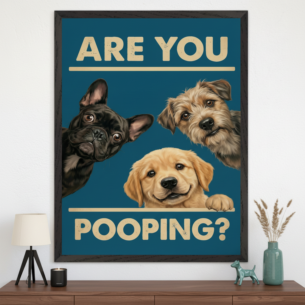 Modern living room with a dark wood dresser. A large framed print featuring three illustrated dogs (French Bulldog, terrier, golden retriever) peeking, with the text 'ARE YOU POOPING?', hangs centered above the dresser.