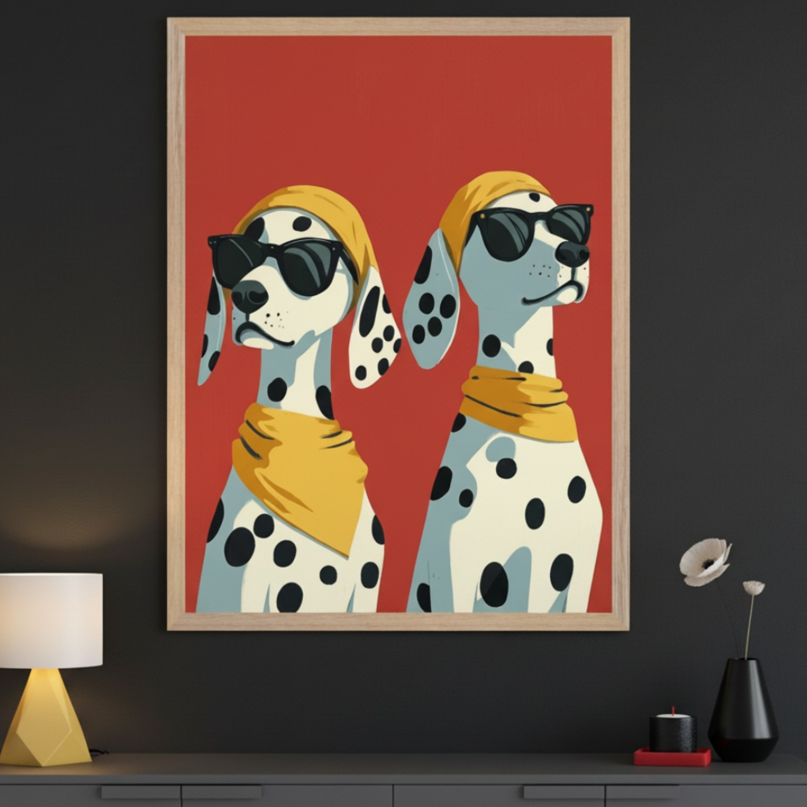 Modern room with a dark gray console table. A large framed print of two stylized dalmatian dogs in yellow bandanas and sunglasses on a red background hangs centered above the table.