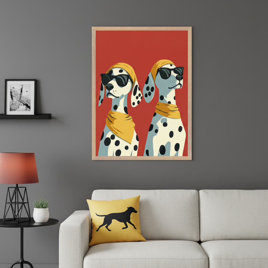 Modern living room with a light gray sofa and a black side table. A large framed print of two illustrative Dalmatians in sunglasses & yellow bandanas on a red background hangs above the sofa. A black shelf is on the left.
