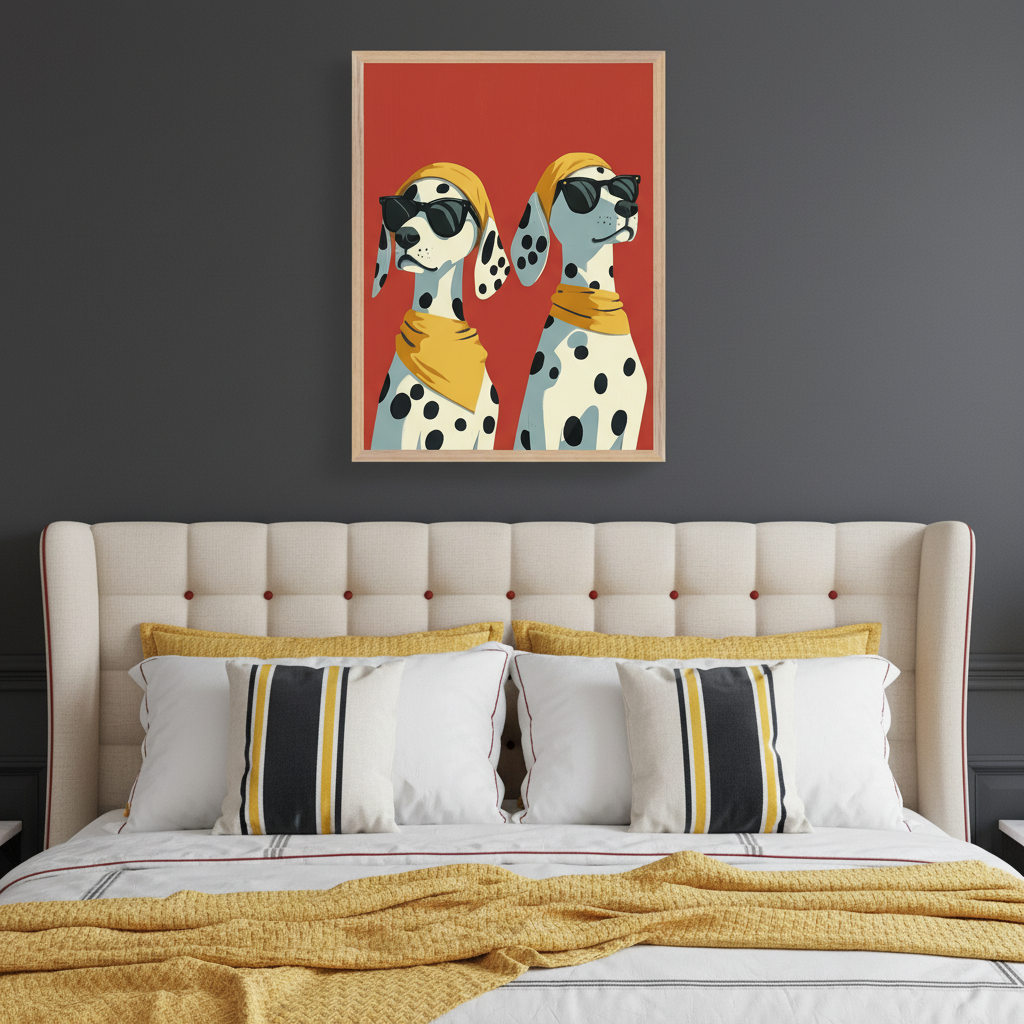 Modern bedroom with a bed and a beige tufted headboard. A framed illustration featuring two cartoon Dalmatians in yellow bandanas and sunglasses on a red background hangs above the bed.
