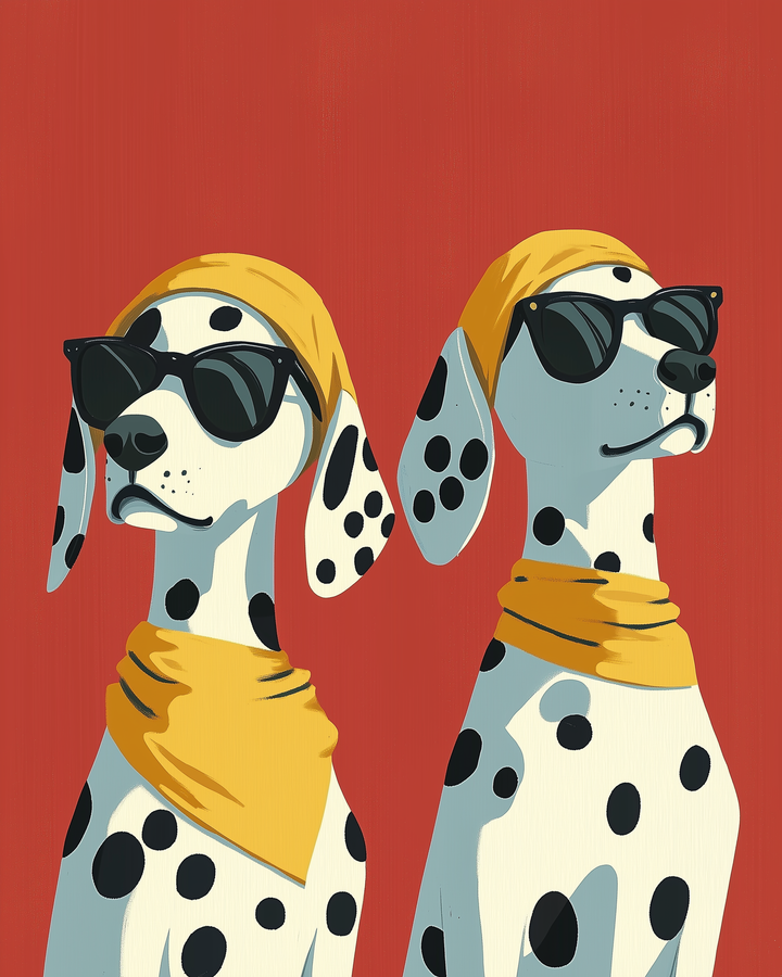 Two stylish dalmatians wearing black sunglasses and yellow bandanas pose in front of a deep red background. The bold contrast and minimal style give this image a fun and modern look.