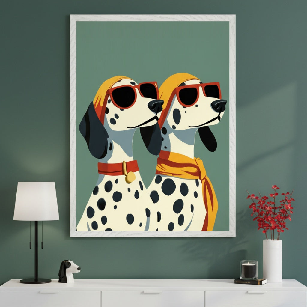 Modern room with a large framed print of two cartoon Dalmatians wearing sunglasses and bandanas in a minimalist style, centered above a white dresser. A table lamp and a vase with red flowers are on the dresser.