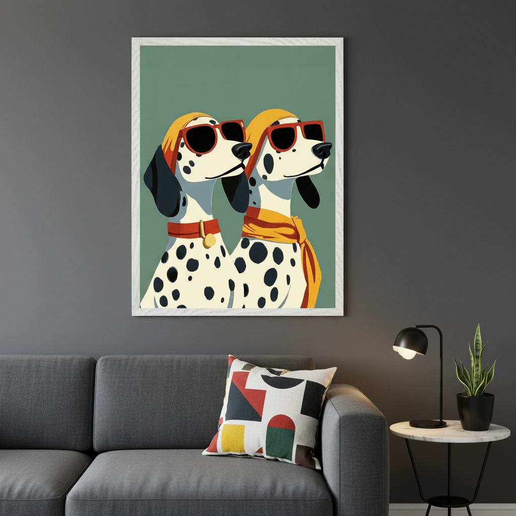 Modern living room with a gray sofa. A large framed print of two cartoon Dalmatian dogs wearing yellow headbands and red sunglasses on a green background hangs above the sofa.