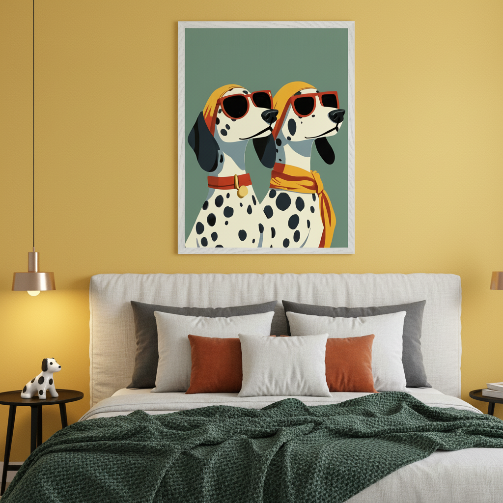 Modern bedroom with a bed and a light upholstered headboard. A framed print depicting two cartoon Dalmatian dogs in sunglasses and headscarves hangs centered above the bed. The room has yellow walls and a green blanket.
