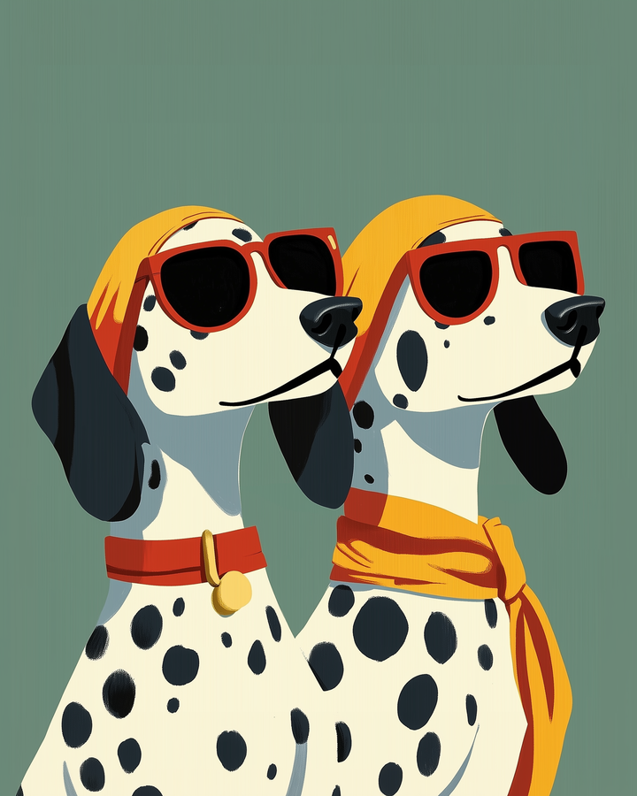 A pair of dalmatians wearing matching red sunglasses and orange-yellow scarves sit side by side in front of a muted green background. Their playful accessories add charm to this minimalist illustration.
