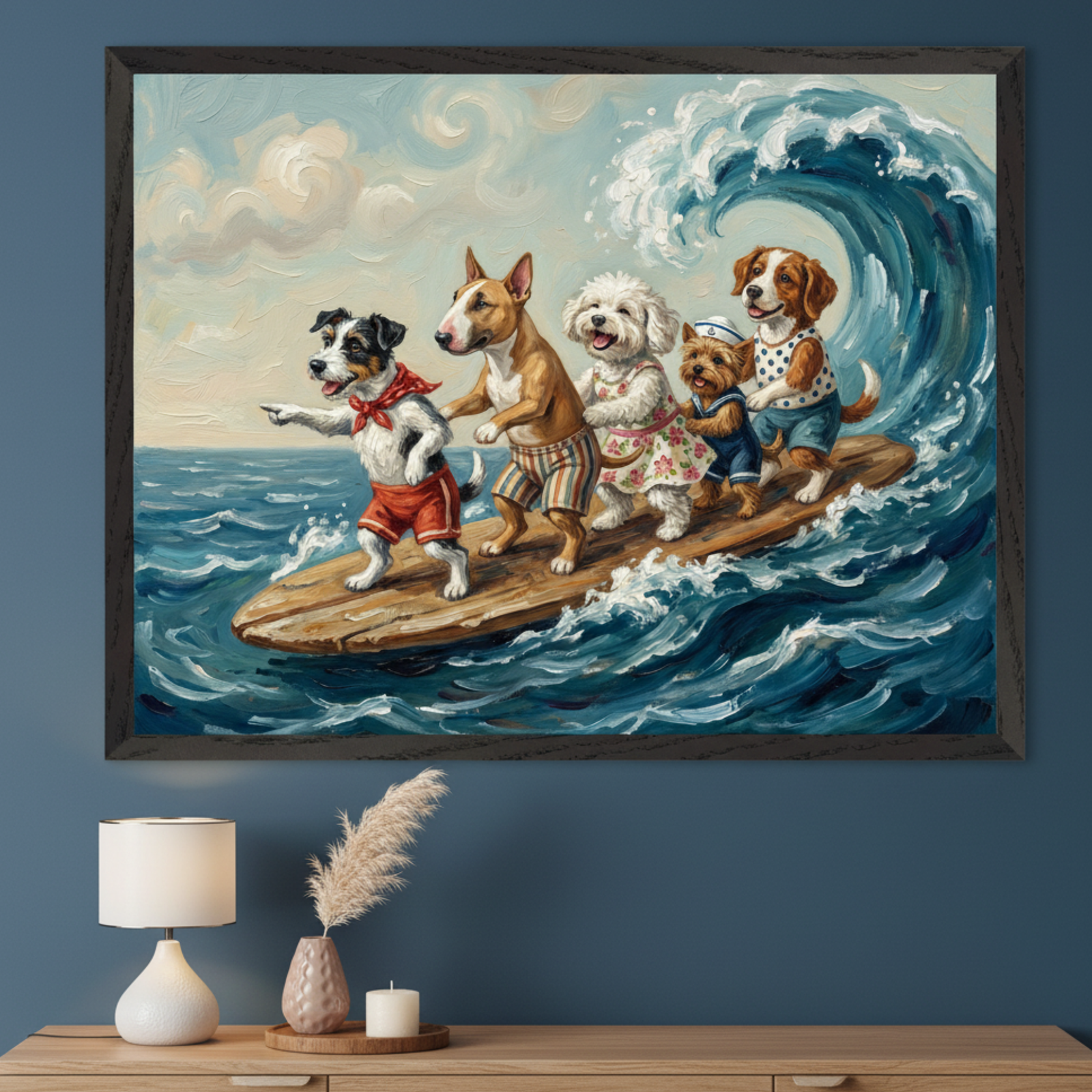 Modern living room with a deep blue wall and a light wood dresser. A large framed oil painting hangs above the dresser, depicting five anthropomorphic dogs in swim attire surfing a large wave.
