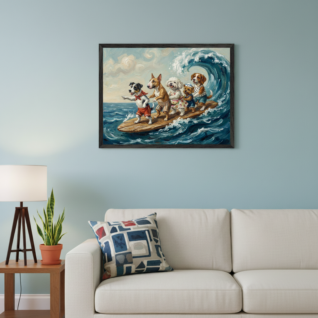 Modern living room with a light blue wall, a white sofa, and a patterned pillow. A framed oil painting depicts five cartoon-style dogs surfing a large wave while wearing swim attire, hung above the sofa. A side table with a lamp and plant sits left.