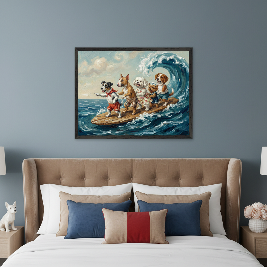 Bedroom with a brown tufted headboard bed and two nightstands. A large, dark-framed painting of five dogs surfing on a big wave in a whimsical, painterly style hangs centered above the bed.