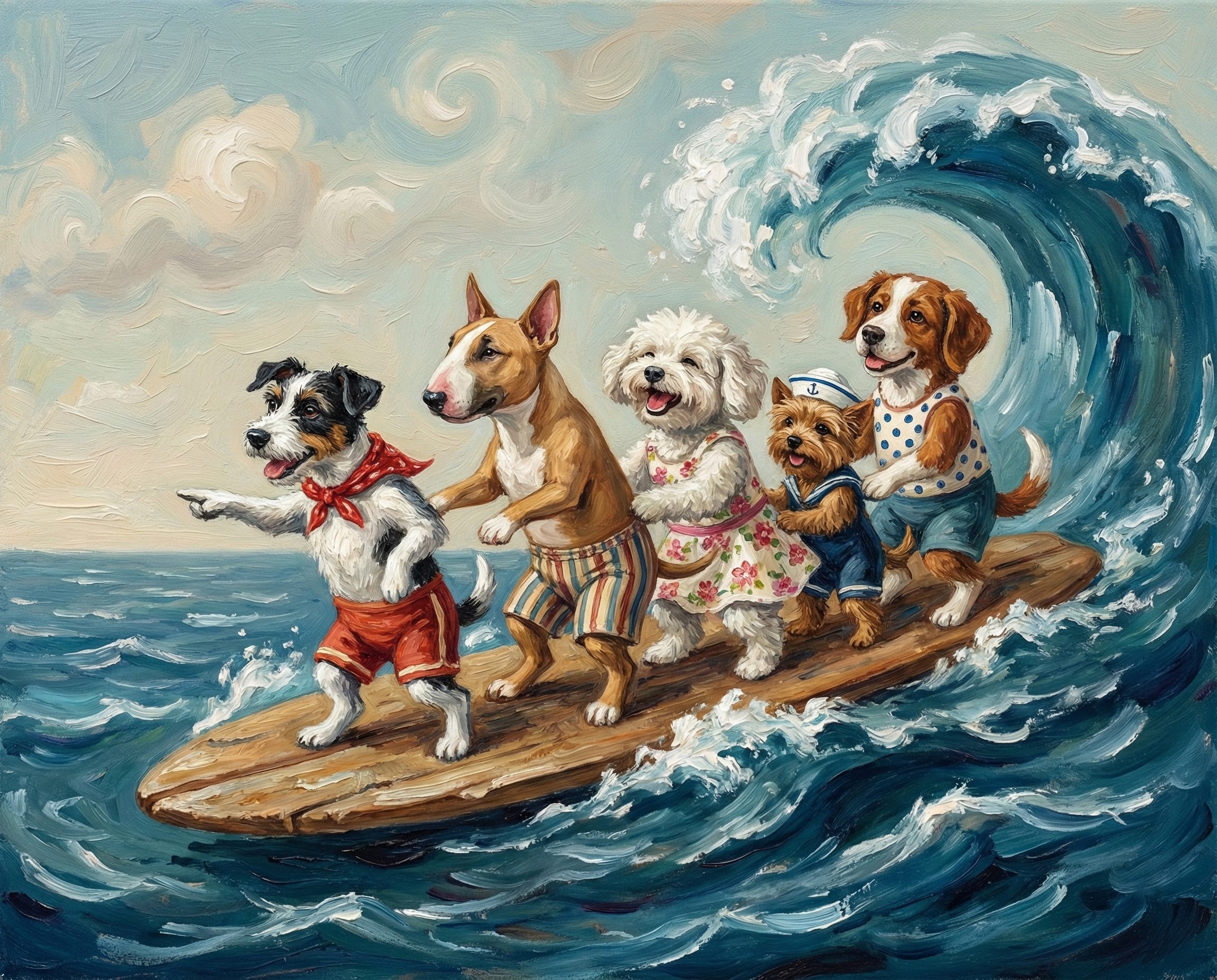 Playful oil painting of five dogs wearing colorful beach clothes while surfing a big ocean wave on a wooden board with a dynamic sea and sky background capturing summer adventure and fun-loving pet energy
