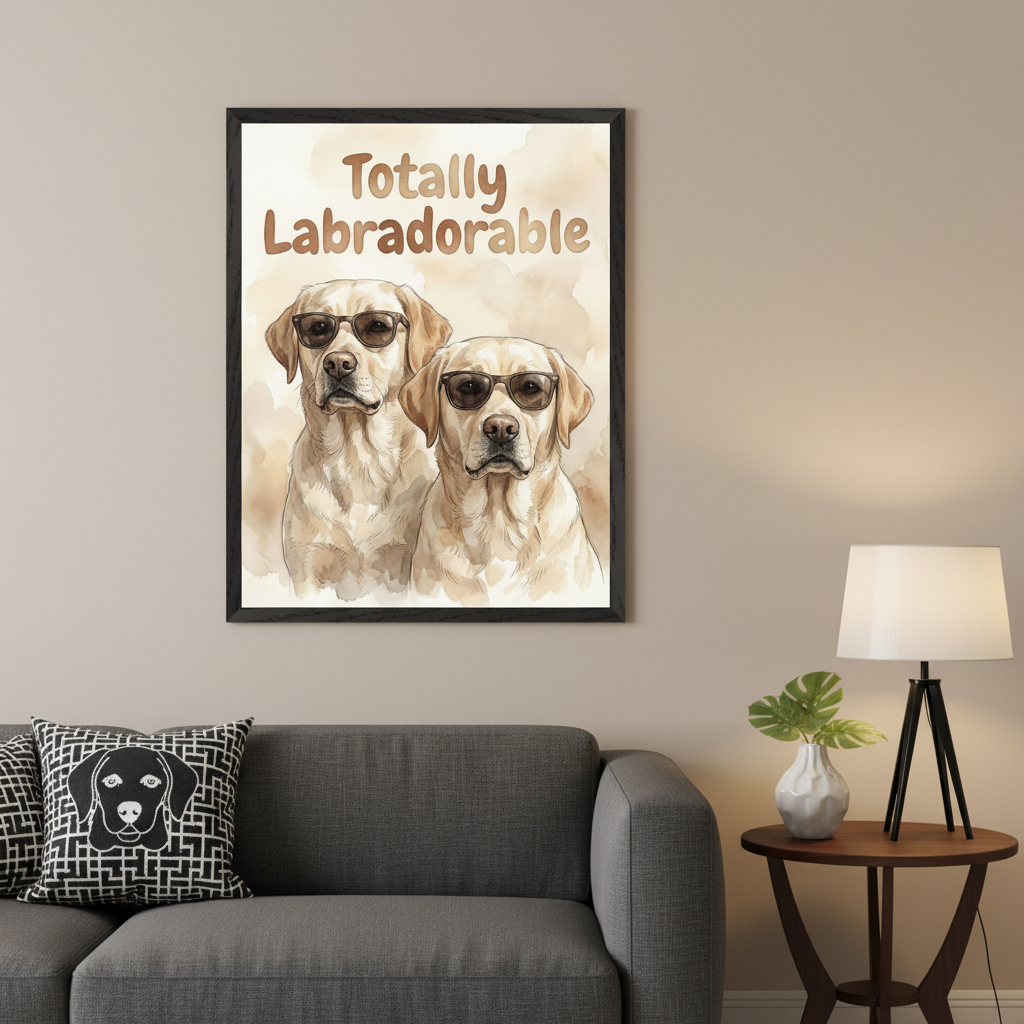 Modern bedroom with a beige upholstered bed and pillows. A framed watercolor painting featuring two yellow labradors wearing sunglasses, with the text "Totally Labradorable", hangs centered above the bed.
