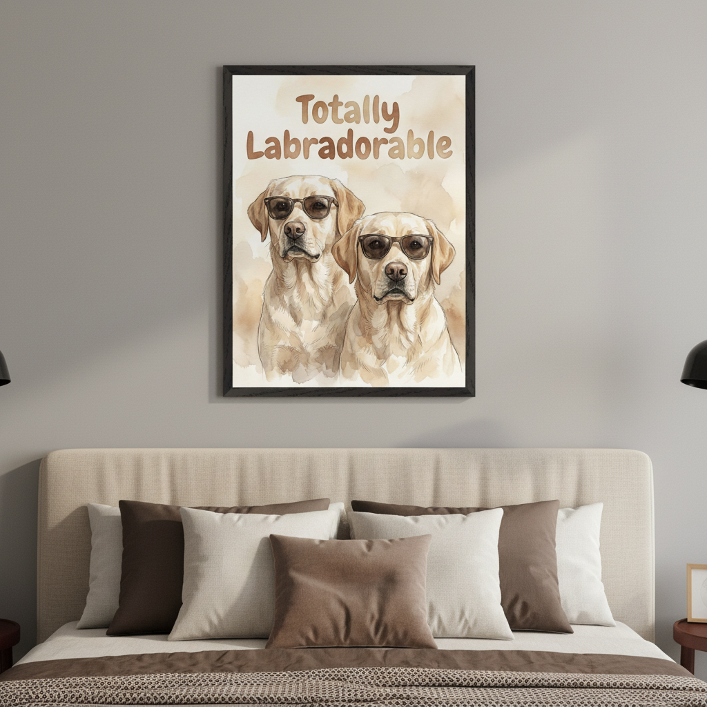 Modern bedroom with a beige upholstered bed and pillows. A framed watercolor painting featuring two yellow labradors wearing sunglasses, with the text "Totally Labradorable", hangs centered above the bed.