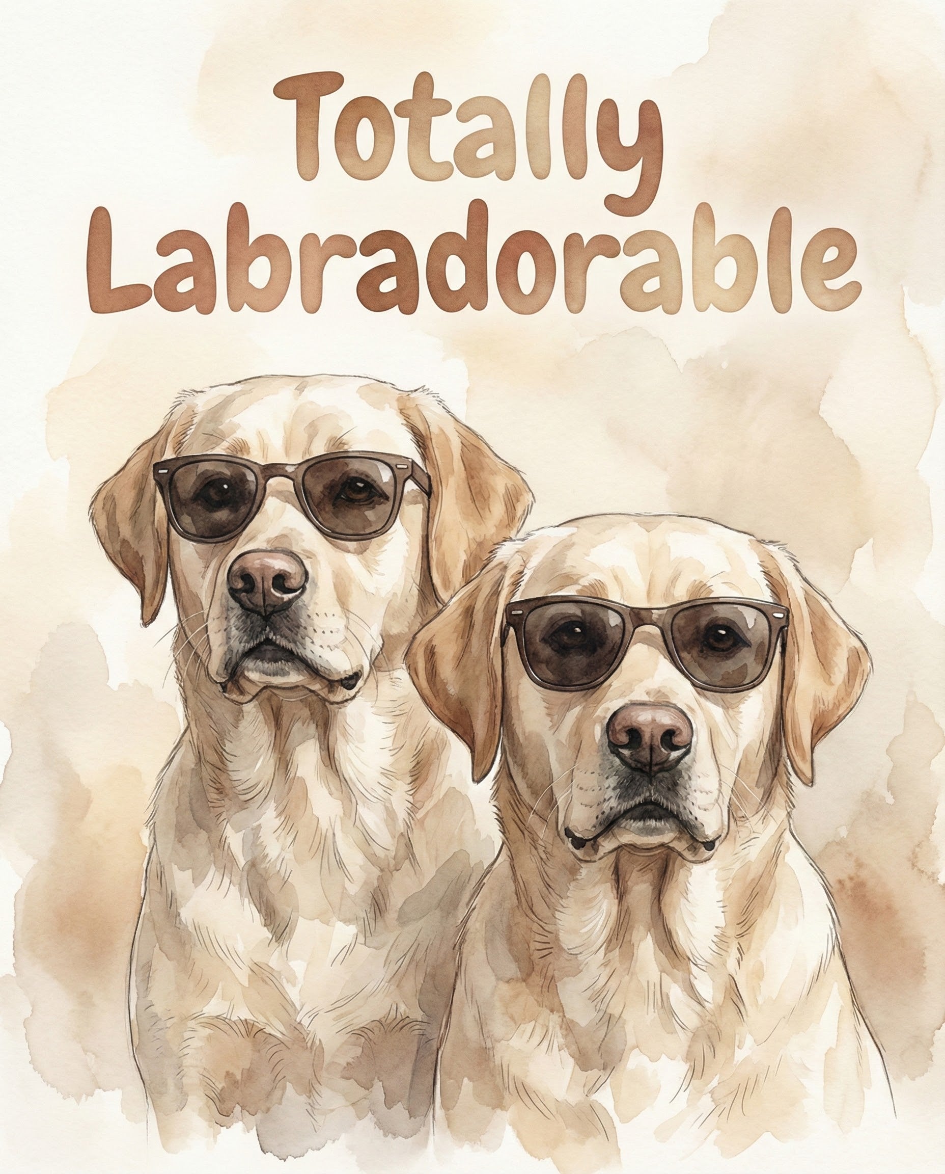 Two illustrated Labrador retrievers wearing sunglasses with the phrase “Totally Labradorable” above them in bold, playful lettering, combining humor and charm in a dog-themed artwork for kids and adults alike.