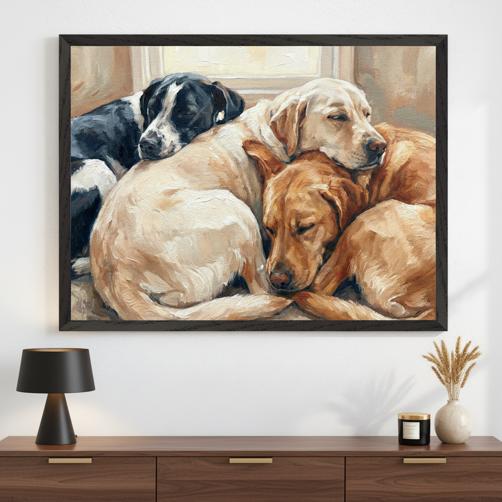 Modern living room with a dark wood console table. A large framed oil painting of four sleeping dogs (one black and white, three golden/yellow) is centered above the table.