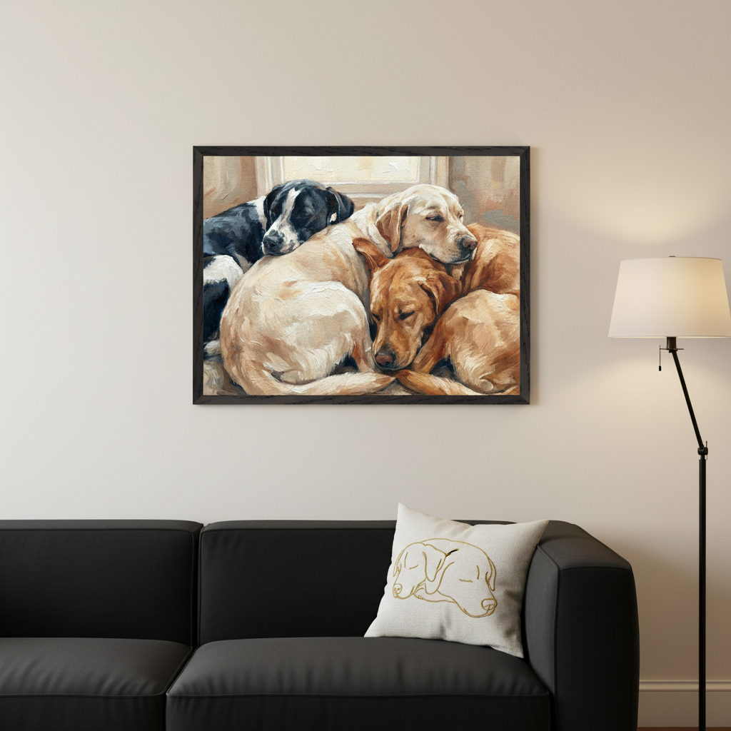 Modern living room with a black sofa. A large framed realist oil painting of four sleeping dogs (one black and white, three yellow/golden retrievers) is centered above the sofa. A white pillow with a golden dog outline rests on the sofa.