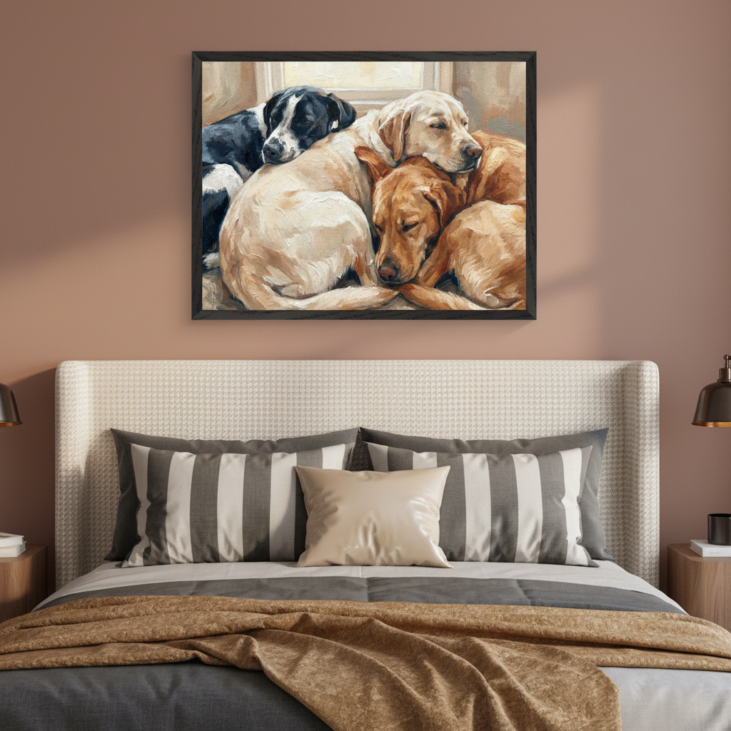 Modern bedroom with a bed featuring a light patterned headboard. A large black-framed oil painting of four sleeping dogs (two light-colored, one black and white, and one golden) is centered above the bed.