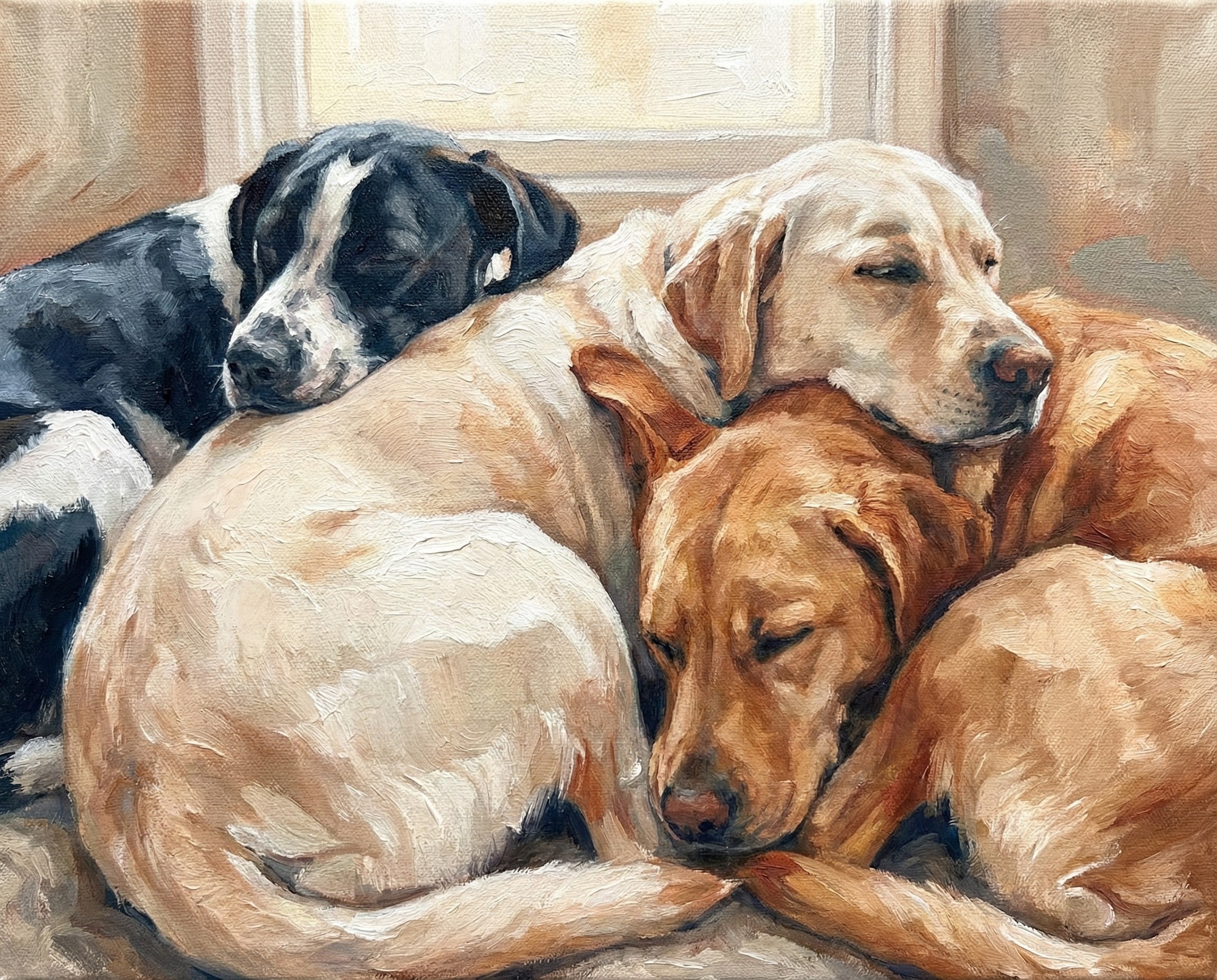 An oil painting of three sleeping dogs—black and white, golden yellow, and reddish brown—snuggled in a peaceful pile by a softly lit window, radiating warmth and comfort.