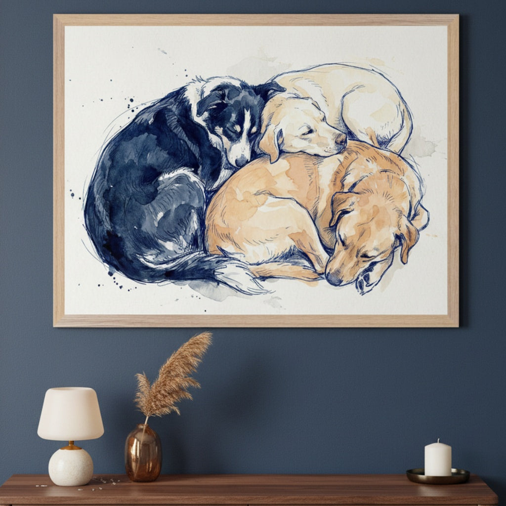 Modern room with a dark wooden console table. A large framed watercolor painting of three sleeping dogs (one black and white, two golden) hangs centered above the console.