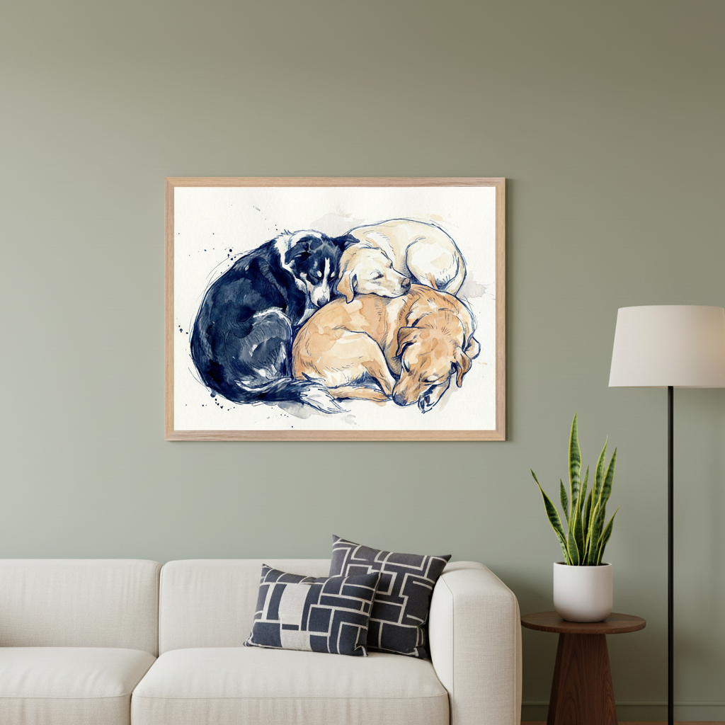 Modern living room with a white sofa, two patterned throw pillows, a small wooden side table with a snake plant, and a floor lamp. Centered above the sofa, a framed watercolor illustration depicts three sleeping dogs: black, cream, and tan, curled together.