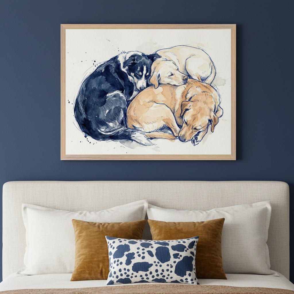 Modern bedroom with a beige upholstered bed. A light wood framed watercolor and ink drawing of three sleeping dogs, black, cream, and golden, curled up together hangs centered above the headboard.