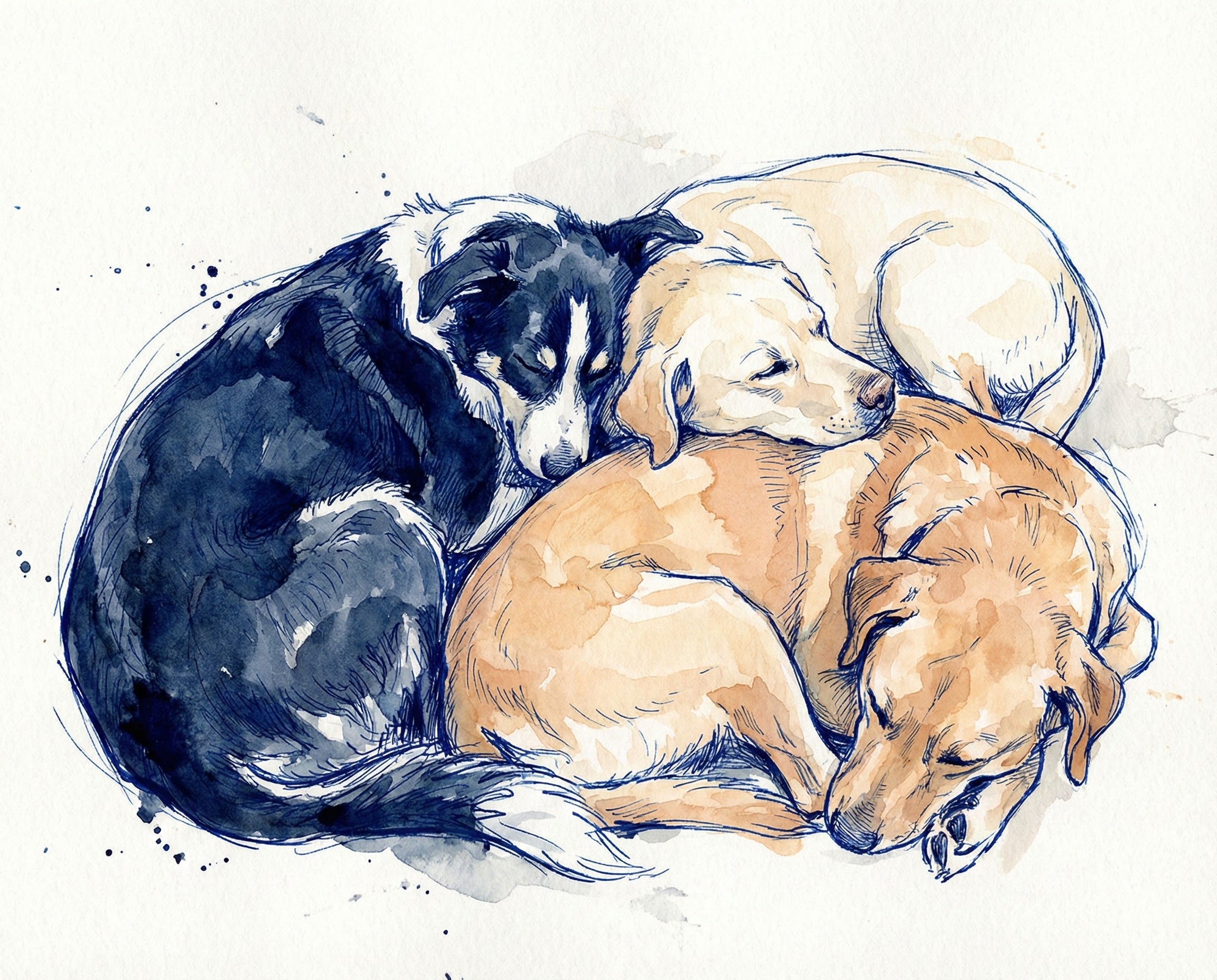 A gentle watercolor and ink illustration of three dogs curled up together while sleeping, using soft beige, brown, and navy tones to create a cozy, heartwarming moment.
