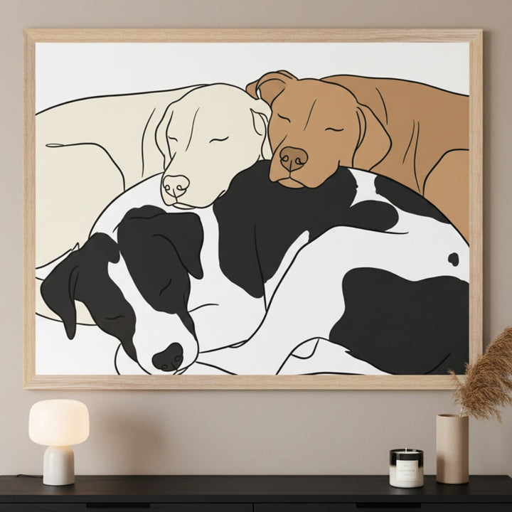 Modern room with a black console table. A large framed print of three sleeping dogs in a minimalist line art style hangs centered above the console table. The dogs are cream, brown, and black and white.
