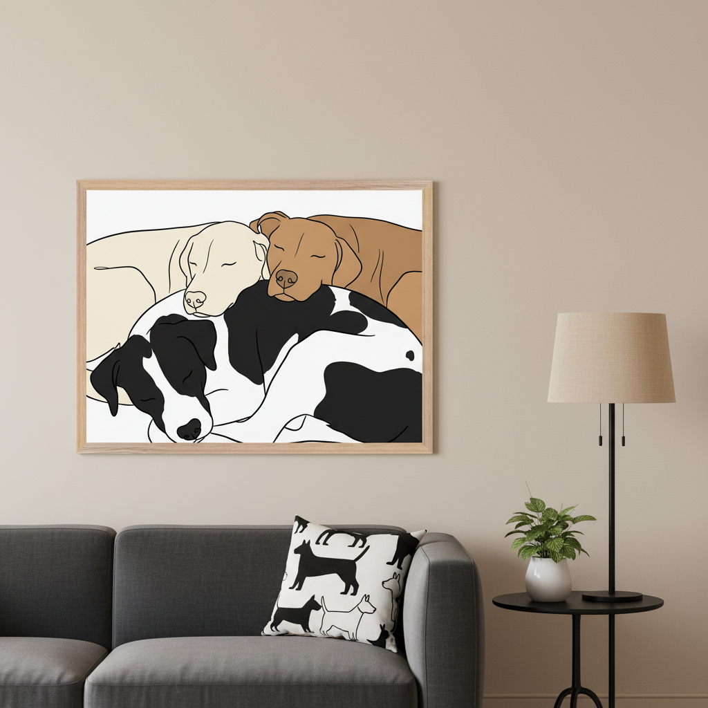 Modern living room with a gray sofa. Centered above it, framed minimalist line art depicts three sleeping dogs: cream, brown, and black-and-white. To the right are a black side table with a plant and a floor lamp.