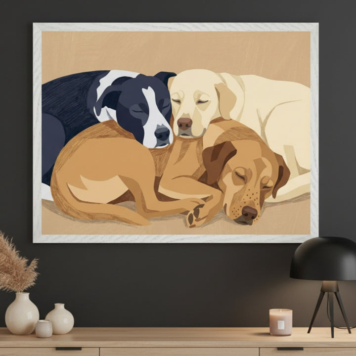 Modern living room with a light wood console table against a dark gray wall. A large framed print of three sleeping dogs (black and white, yellow, reddish-brown) in an illustrative style hangs centered above the table.