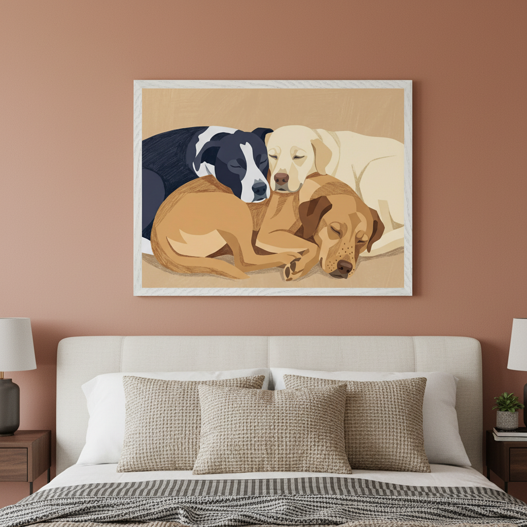 Modern bedroom with a white bed and light fabric headboard. A framed illustration of three sleeping dogs (black and white, yellow, and golden-brown) hangs centered above the bed.