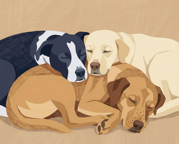 An illustration of three dogs—black and white, light yellow, and brown—snuggled together with closed eyes, rendered in a soft, blocky flat art style against a muted beige background.
