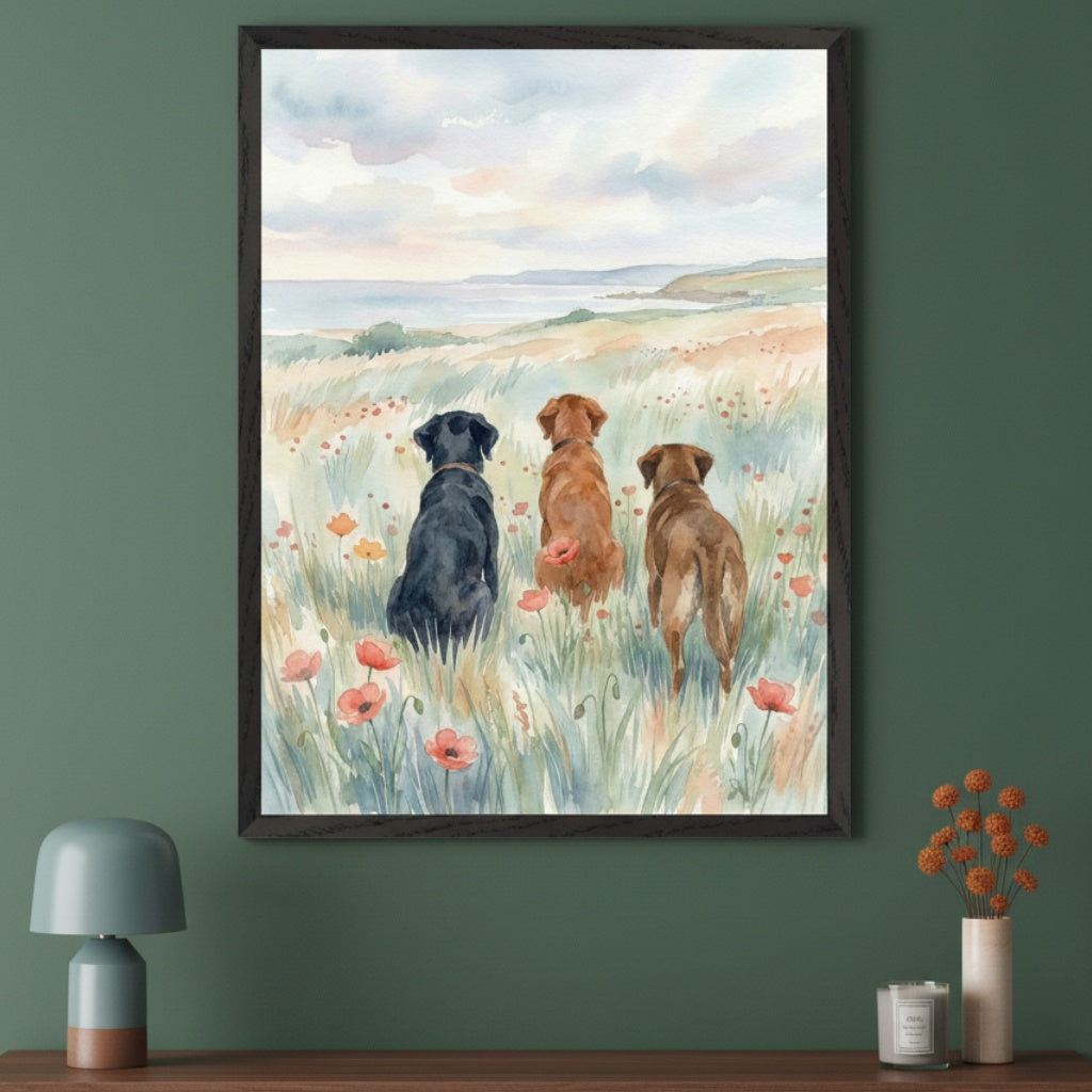 Modern room with a dark green wall and wooden table. A large framed watercolor painting hangs above the table, depicting three dogs (black, brown, tan) sitting in a field of poppies, looking at a distant seascape under a cloudy sky. A teal lamp is on the left, and a vase with flowers and a candle are on the right.