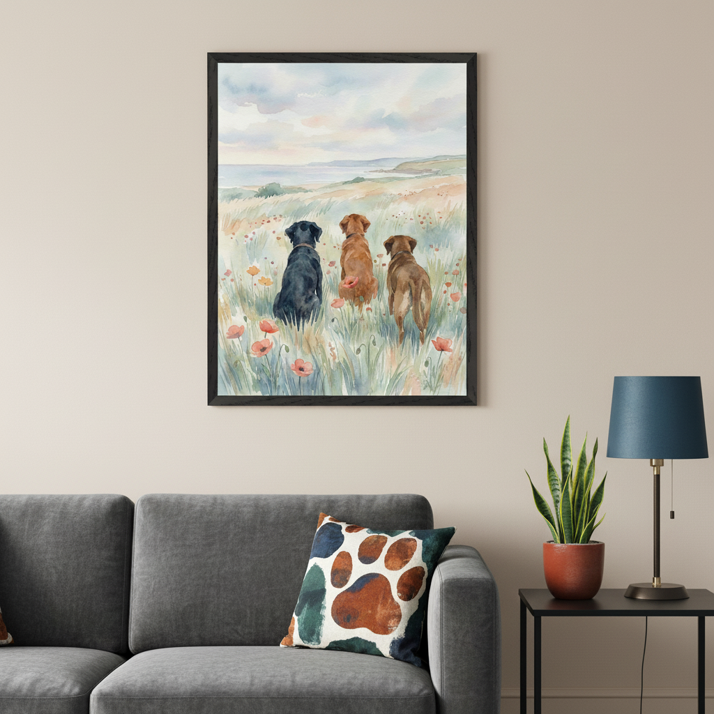 Living room with a dark gray sectional sofa. A framed watercolor painting of three dogs (black, red-brown, chocolate) seen from behind, looking over a poppy field towards a coastline, hangs above the sofa. A paw print pillow rests on the sofa.