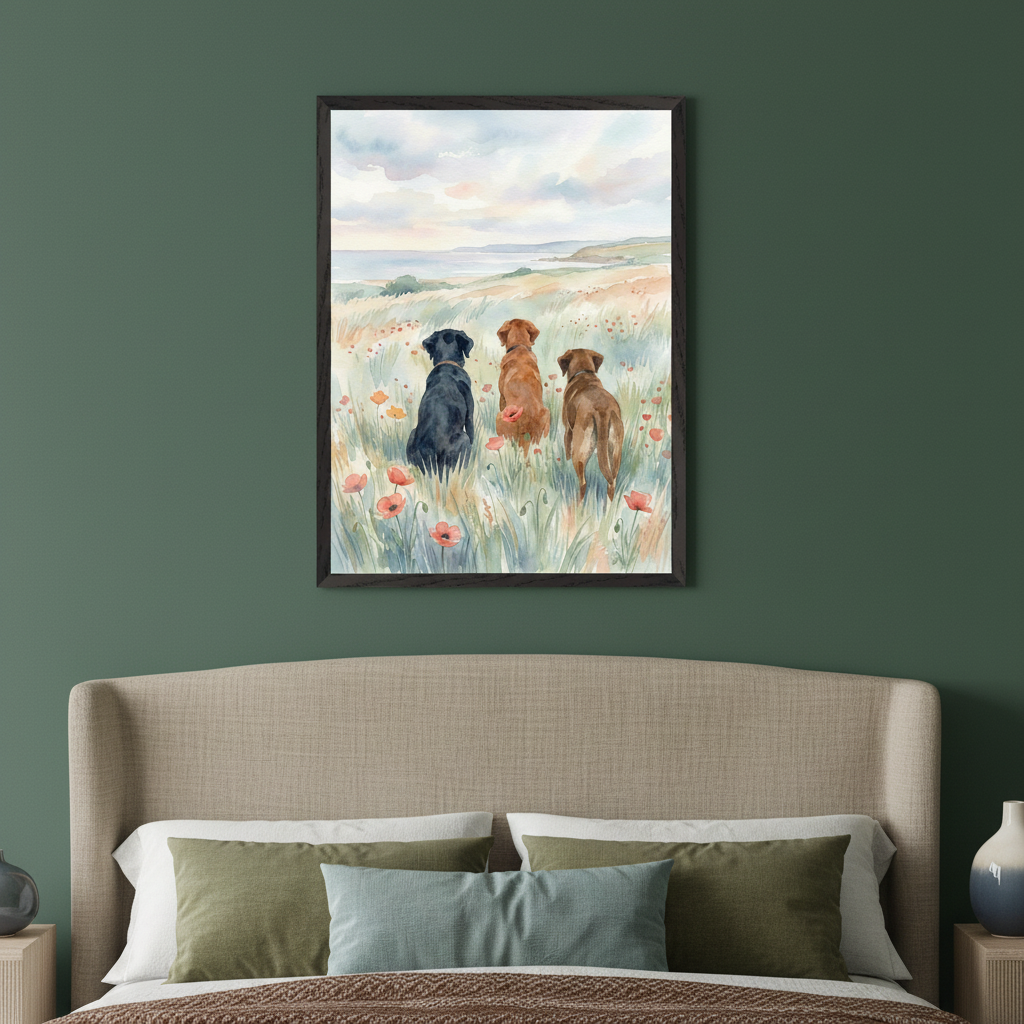 Bedroom with a beige upholstered bed. A framed watercolor painting of three dogs (black, red, chocolate) in a poppy field looking at a distant coastline hangs centered above the bed.
