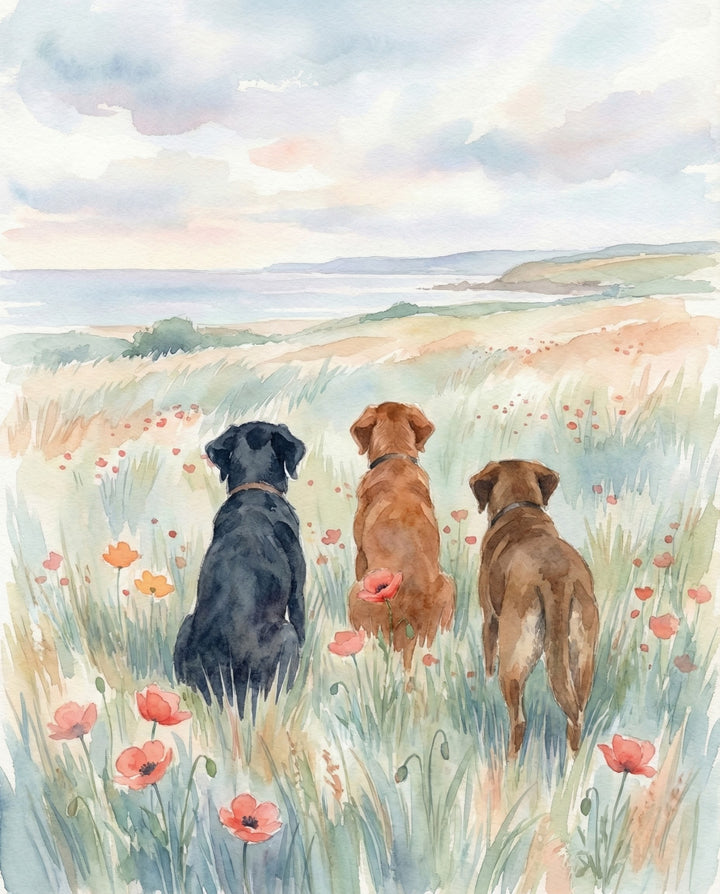 Whimsical watercolor painting of three dogs sitting in a wildflower field overlooking the ocean with soft pastel skies nature-inspired wall art for kids and adults
