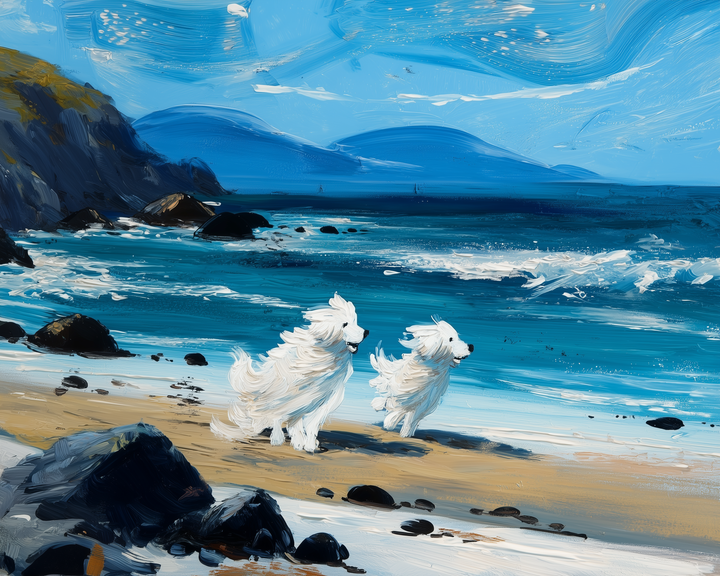 Two fluffy white dogs joyfully run along a sandy beach with crashing waves, set against a backdrop of rocky cliffs and distant hills under a bright blue sky.