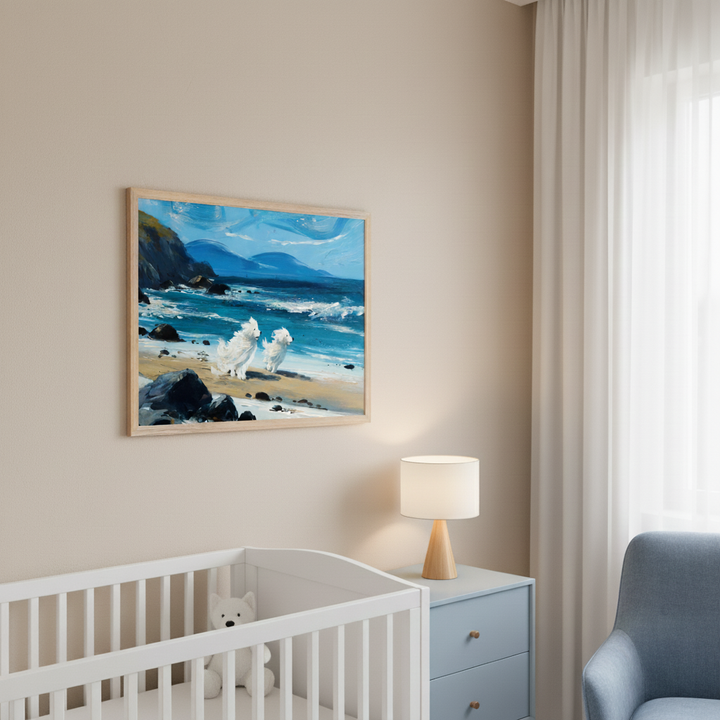 A framed artwork of an ocean beach with blue waves, rocks, and two white birds hangs above a blue dresser next to a white crib. A teddy bear sits in the crib.