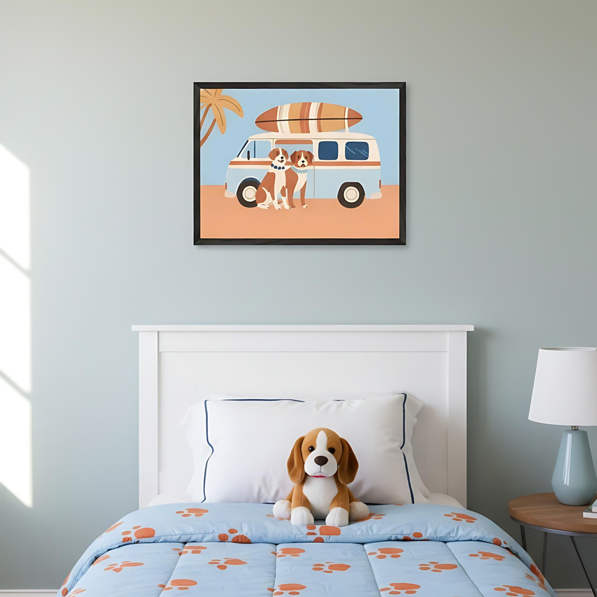 Kid's bedroom with a white headboard, blue paw print bedding, and a stuffed dog. A framed illustration of a light blue van with surfboards, two dogs, and a palm tree on a beach hangs above the bed.
