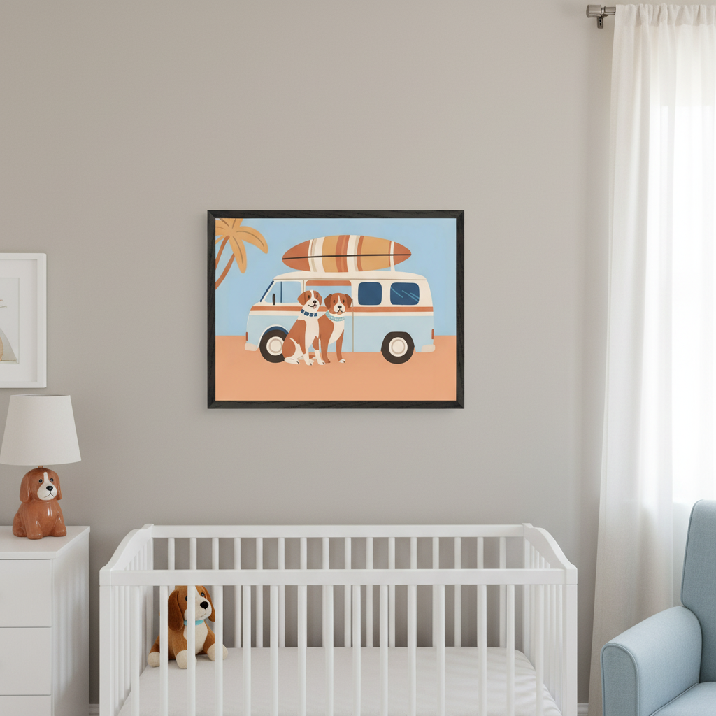 A nursery features a white crib with a plush dog toy inside, a dresser with a lamp and another dog toy on top, and a framed artwork on the wall depicting two dogs beside a blue van with a surfboard on the roof. A palm tree and a light blue sky complete the artwork's beach scene. White curtains softly filter the light.