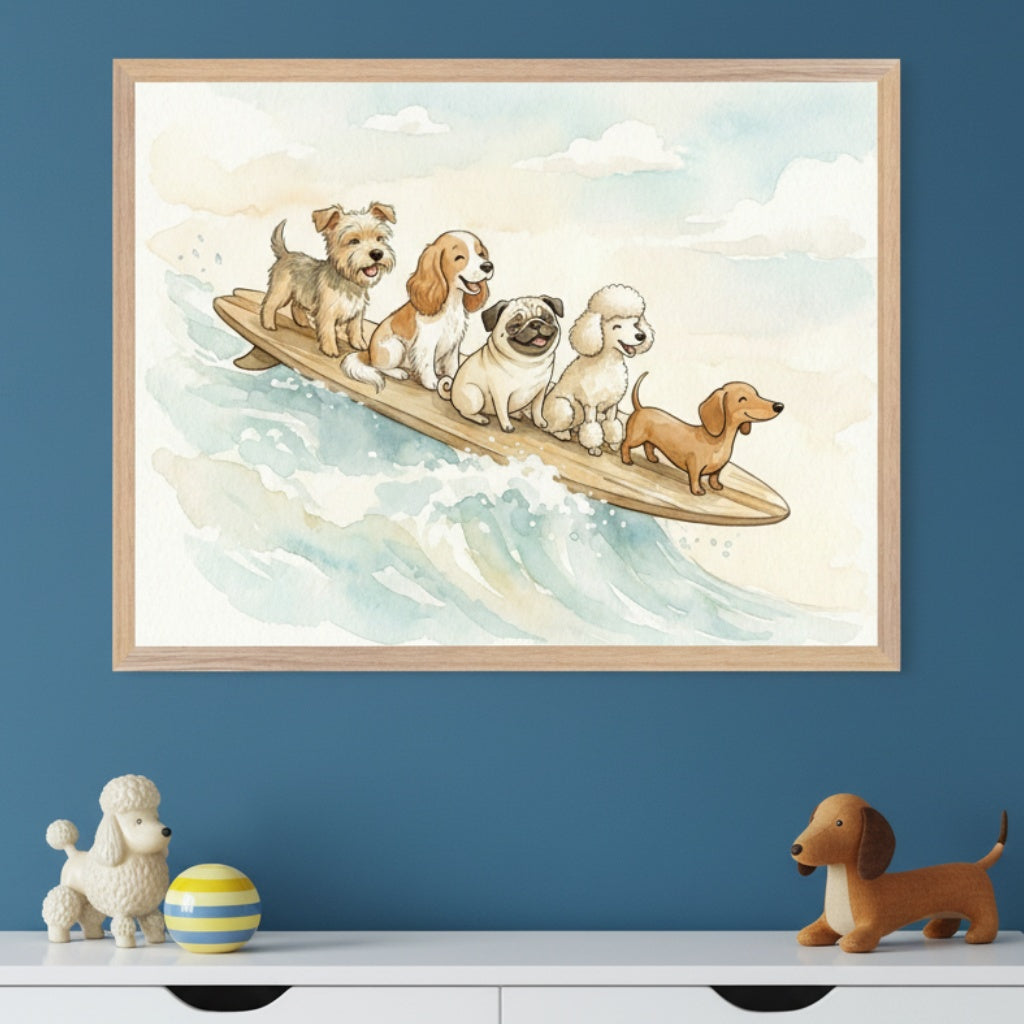 Kid's room with a blue wall and white dresser. A framed watercolor painting of five dogs surfing on a surfboard, riding a wave, hangs centered above the dresser. Toys are on the dresser.