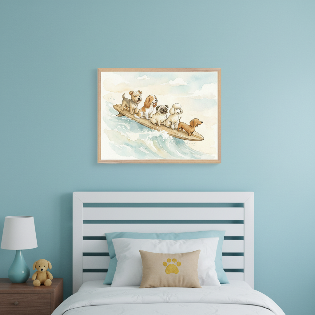Kid's bedroom with light blue walls. A white bed headboard is visible, with a wooden nightstand, lamp, and teddy bear to the left. Above the bed hangs a framed watercolor painting of five dogs surfing on a wave.