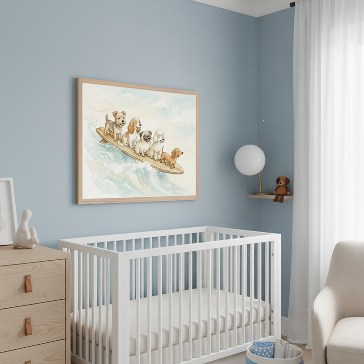 Modern nursery with light blue walls, a white crib, and a wooden dresser. Above the crib, a framed watercolor painting depicts five dogs surfing on a surfboard. A beige armchair and a shelf with a lamp and teddy bear are also in the room.