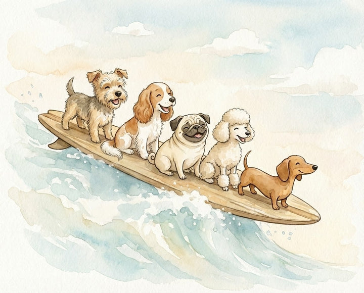 A group of five small dogs including a Yorkshire Terrier, Beagle, Pug, Poodle, and Dachshund ride together on a long surfboard over gentle ocean waves in a soft watercolor illustration with a light sky and fluffy clouds meant to evoke fun and friendship
