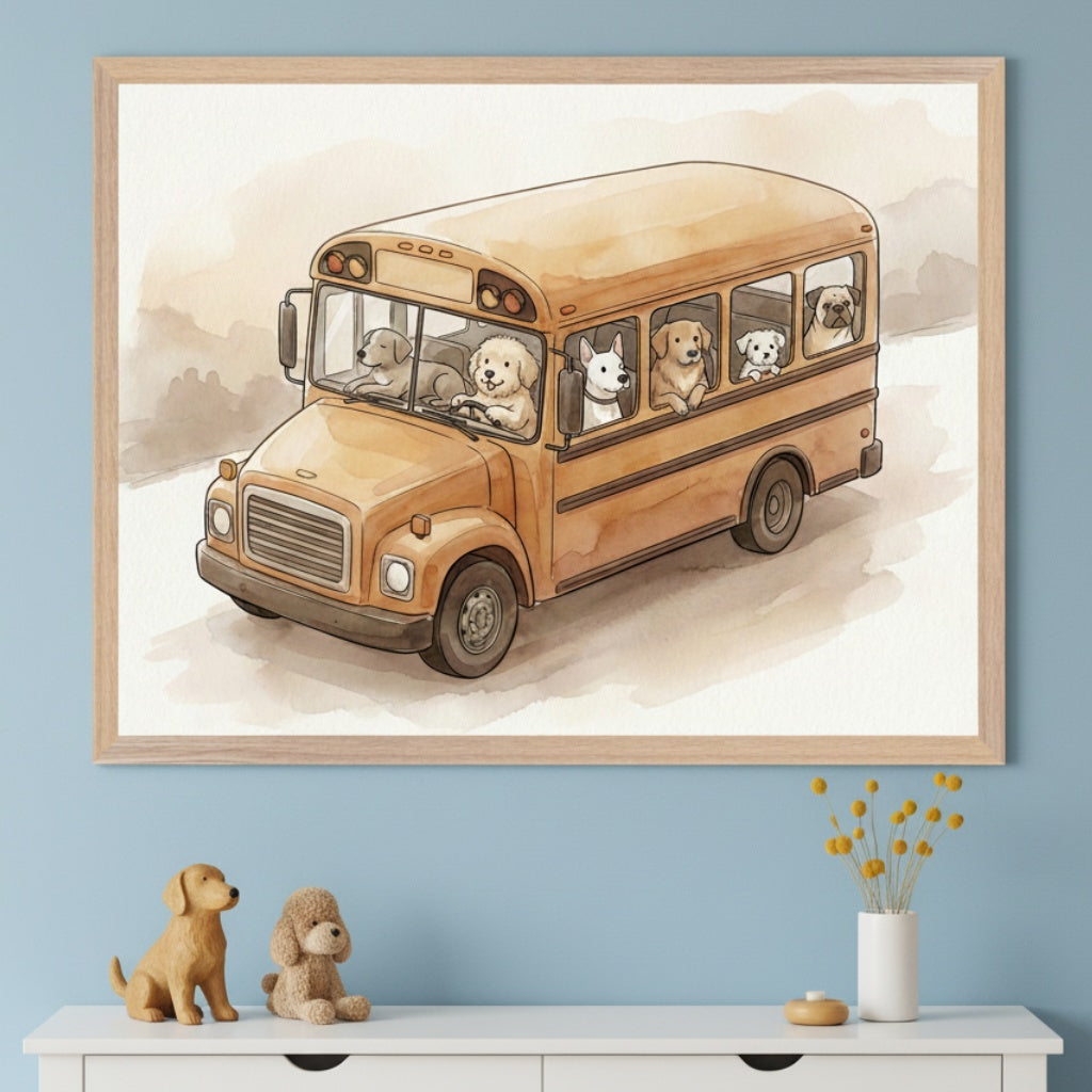 Kid's room with a light gray wall. A framed watercolor illustration of dogs driving a school bus hangs centered above a white dresser. A stuffed dog, a yellow alarm clock, and a potted succulent are on the dresser.