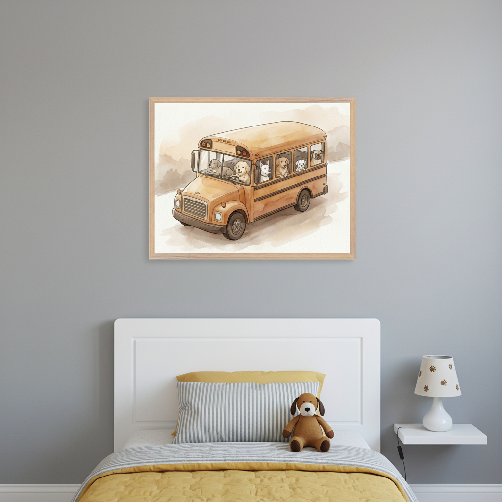 Kid's bedroom with a white bed and yellow bedding against a gray wall. A framed watercolor illustration of an orange school bus filled with dogs hangs centered above the bed. A brown stuffed dog toy is on the bed.