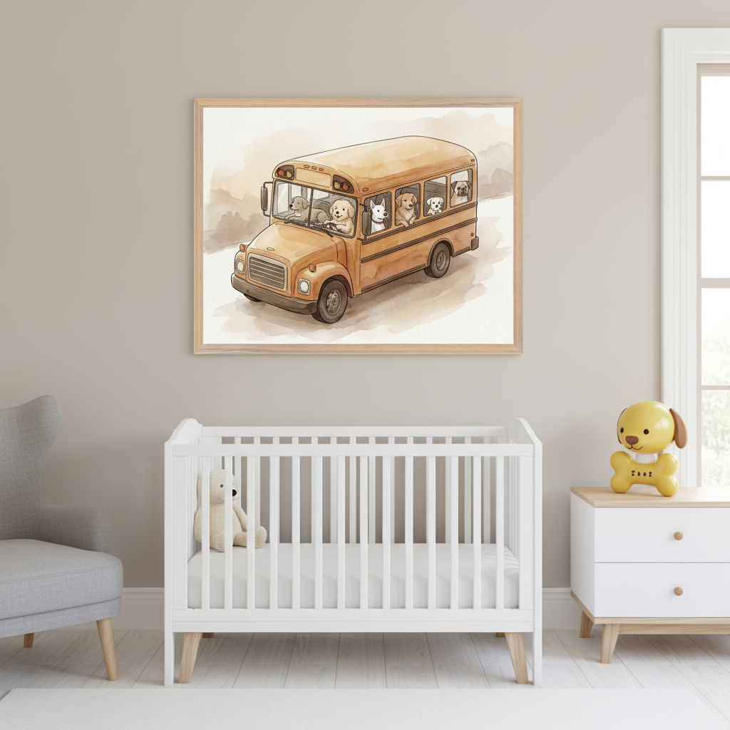 Modern nursery with a white crib, gray armchair, and white wood dresser. A framed watercolor print of an orange school bus full of dogs hangs centered above the crib.