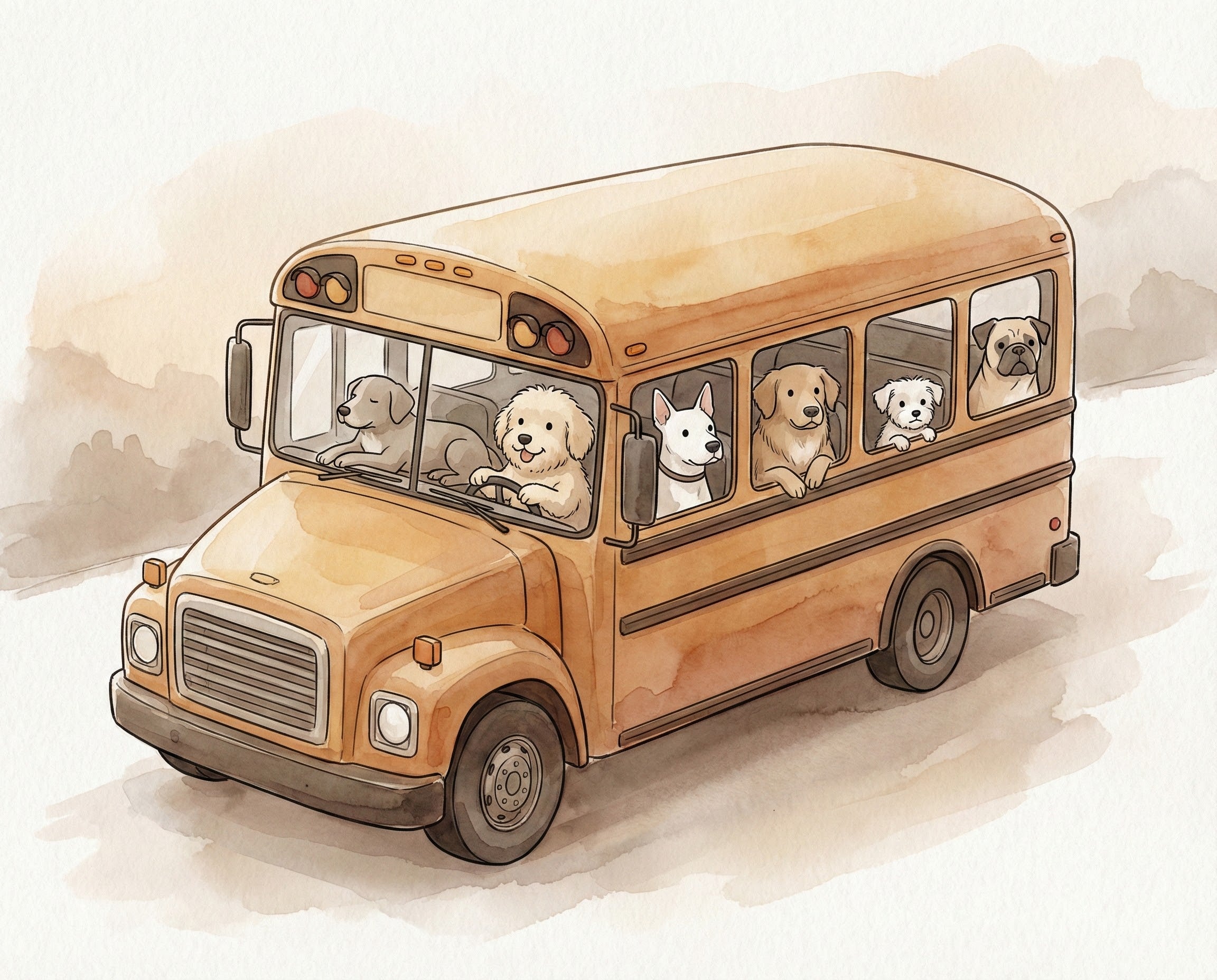 A playful watercolor illustration of various dogs riding in a yellow school bus, with one fluffy dog behind the wheel and others looking out the windows, bringing a lighthearted, back-to-school vibe.
