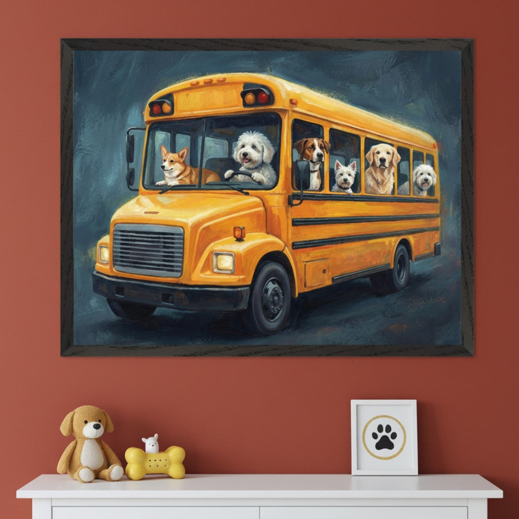 Pet-themed room with a terracotta wall and white console table. A large framed painterly artwork of a yellow school bus full of dogs hangs above the console. A stuffed dog, a dog bone toy, and a framed paw print are on the table.