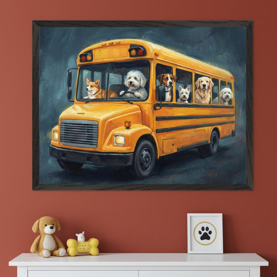 Pet-themed room with a terracotta wall and white console table. A large framed painterly artwork of a yellow school bus full of dogs hangs above the console. A stuffed dog, a dog bone toy, and a framed paw print are on the table.