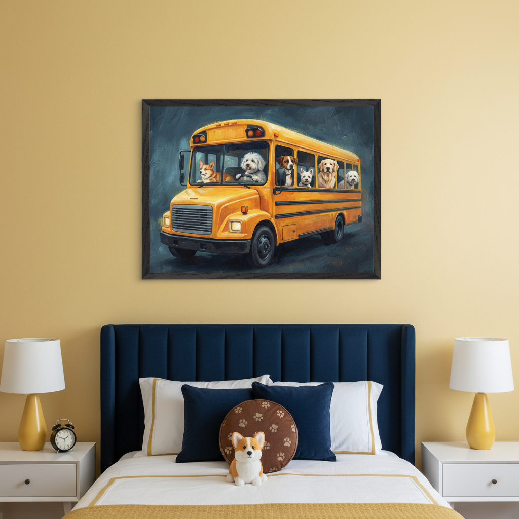 Kid's bedroom with a blue upholstered bed. A framed painting of various dogs riding in a yellow school bus hangs centered above the bed on a yellow wall.