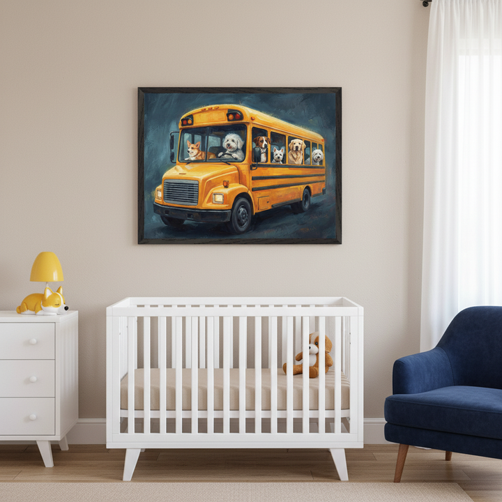 Modern nursery with a white crib, white dresser with a fox lamp, and a blue armchair. A large framed painting of a yellow school bus filled with dogs, against a dark blue background, hangs on the light beige wall above the crib.